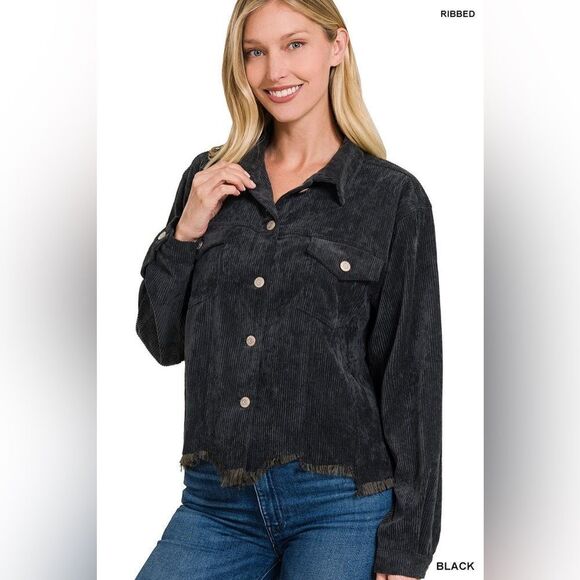 ZENANA DAYNA CORDUROY CROPPED JACKET LARGE Black - Picture 2 of 16